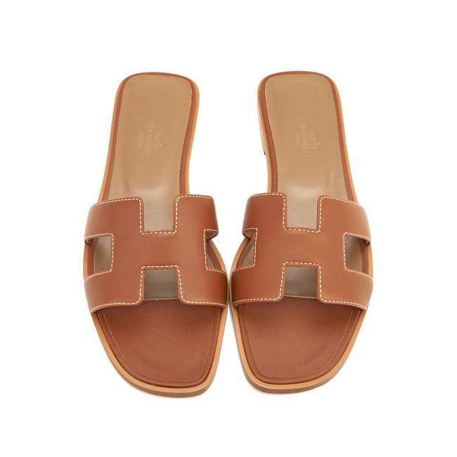 Hermes Gold Box Oran Leather 38.5 Or Iconic Sandals    