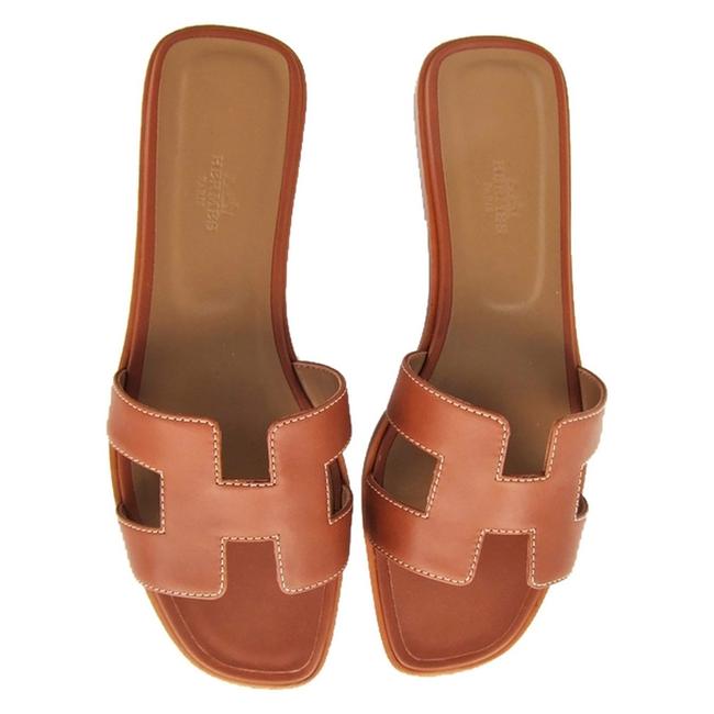 Hermes Gold Oran Tan Leather White Stitching Sandals    