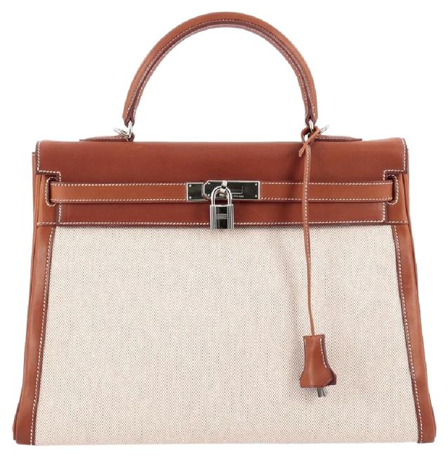 Hermes Kelly Handbag with Palladium Har Toile and Brown Barenia Tote