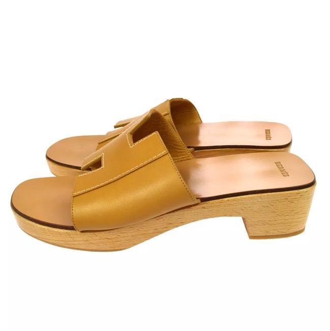 Hermes Logo Leather Wood Camel Color Sandals    