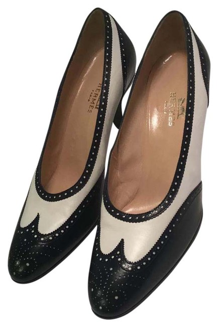 Hermes Navy and White Leather Spectator Pumps    
