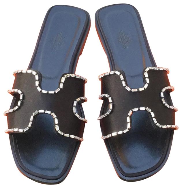 Hermes Noir Oran Satin Rhinestone Sandals      