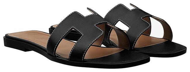 Hermes Noir Piqures Ecrues Oran Sandals      