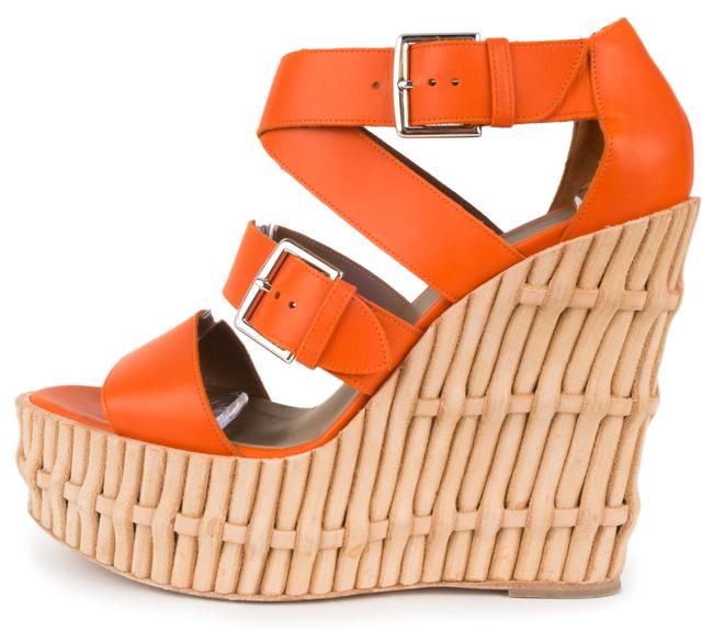 Hermes Orange Leather Strappy Platform Wedges Sandals    