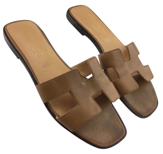 Hermes Paris Brown Leather Slide On Sandals