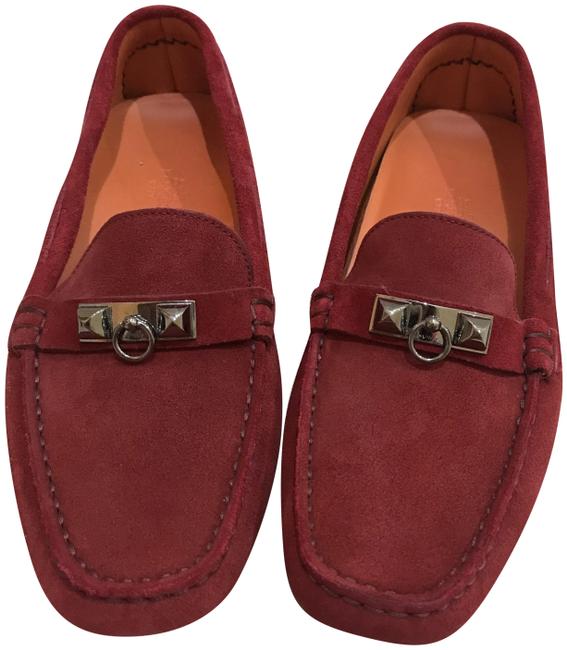 Hermes Red Kelly Loafers In Suede Flats      