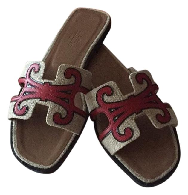 Hermes Red Leather and Canvas Tan Sandals    