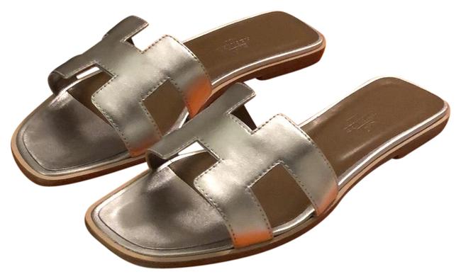 Hermes Silver Oran Leather Sandals      