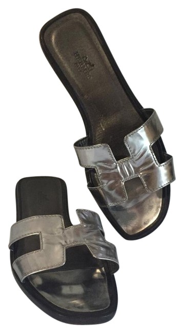 Hermes Silver Oran Sandals Flats    
