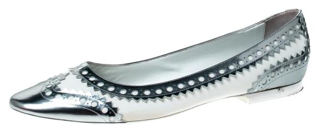 Hermes Silver SilverWhite Brogue Leather Ballet Flats    