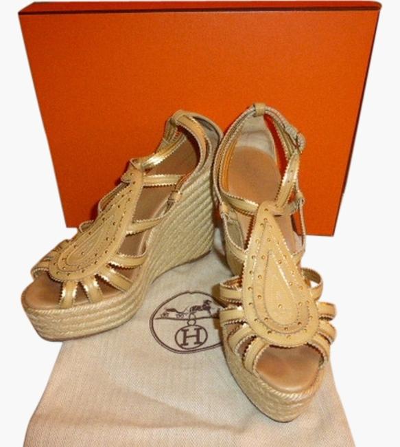 Hermes Tan Gold Espadrille Platforms    