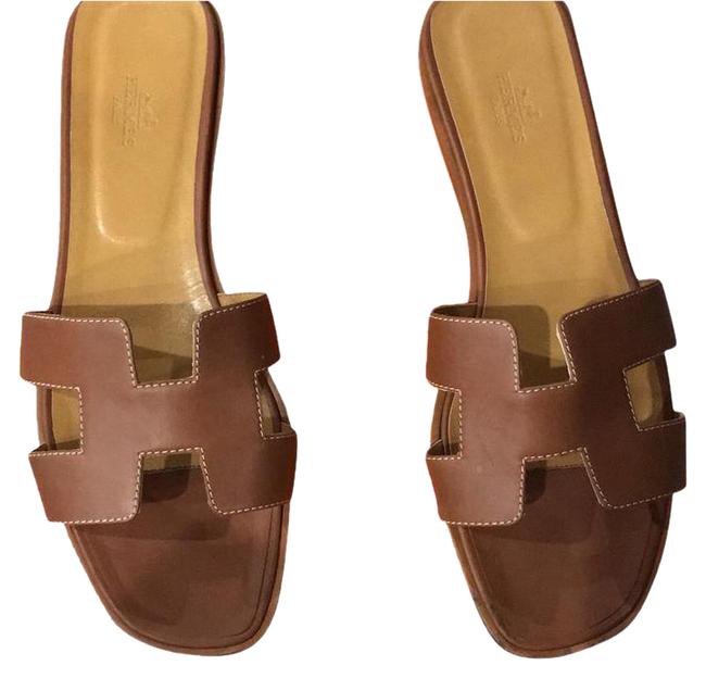 Hermes Tan Leather H Slide Sandals    