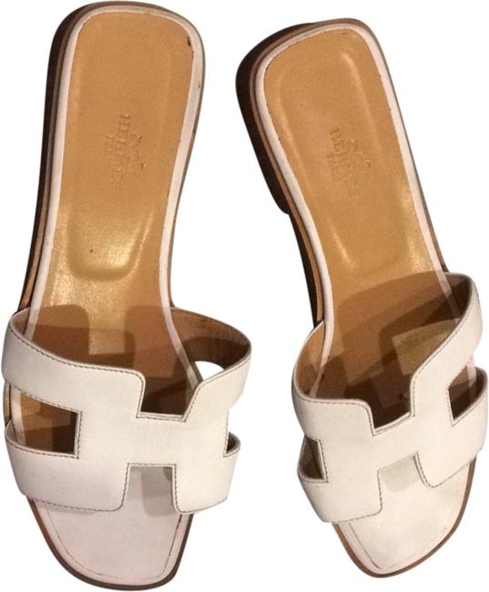Hermes White Oran Flats Leather Sandals    