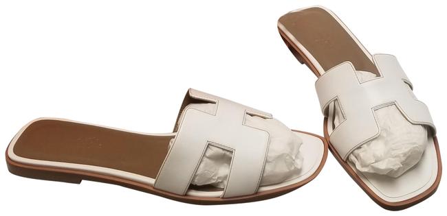 Hermes White Oran with Brown Stitching Sandals   Narrow Aa, N