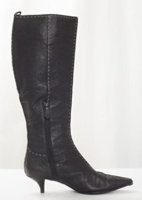 Hermes Womens Black Leather Low heel Pointy toe Stitched Knee high Boot 9 39