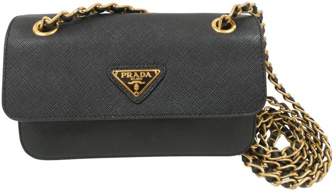 Prada Wallet on Chain 1bp006 Saffiano Black Leather Cross Body Bag