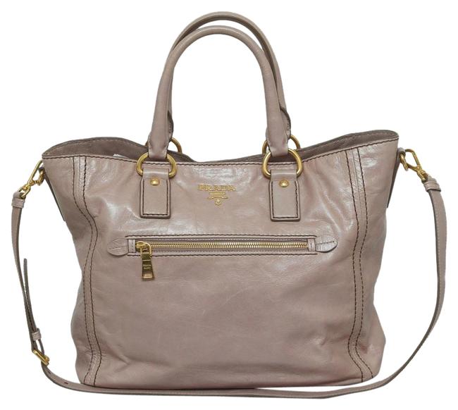 Prada Vitello Shine Tote Handbag Beige Leather Cross Body Bag