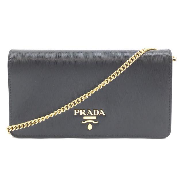 Prada #30734 Wallet On Long Chain Strap Black Leather Cross Body Bag
