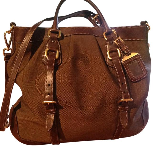 Prada Bauletto Chocolate Brown Leather and Canvas Cross Body Bag
