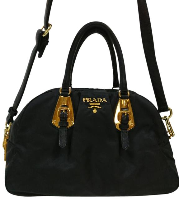 Prada Bauletto Leather Satchel Black Nylon Cross Body Bag