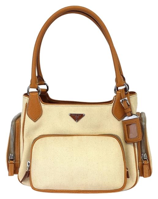 Prada W Beige Canvas Satchel W Tan Trim Leather Cross Body Bag