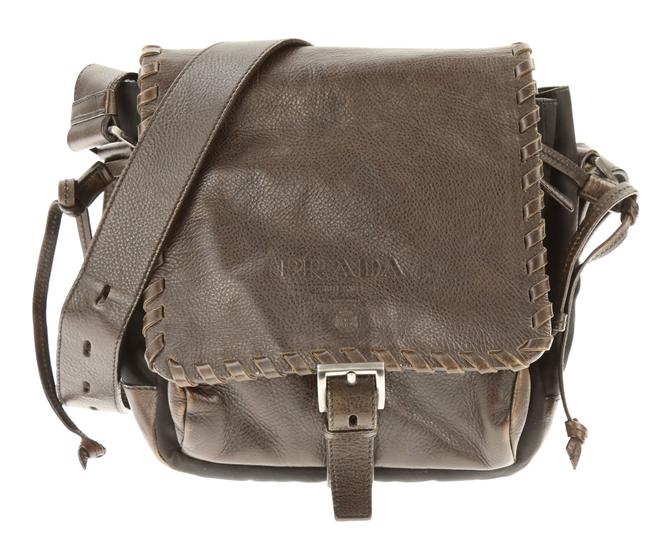 Prada Black Nylon Whipstitch Buckle Brown Leather Cross Body Bag