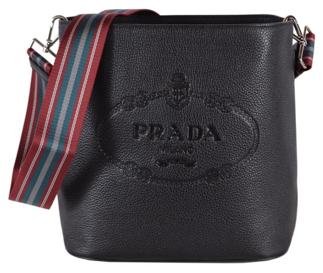 Prada Bucket New Embossed Logo Web Stripe Purse Black Leather Cross Body Bag