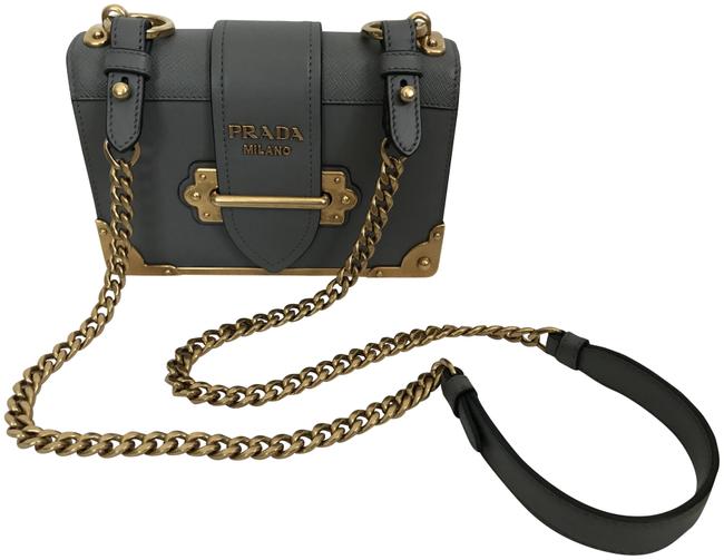 Prada Cahier Logo Marmo Chain Flap Handbag Gray Leather Cross Body Bag