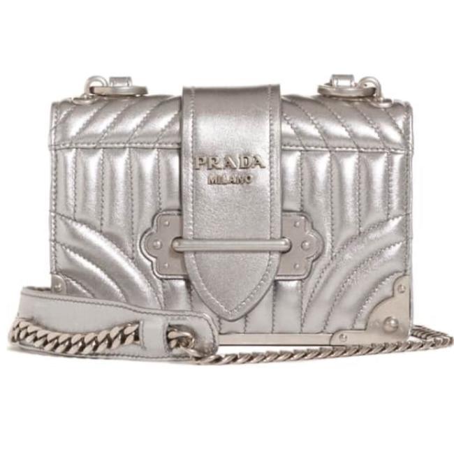 Prada Cahier Quilted Metallic Silver Lambskin Leather Cross Body Bag