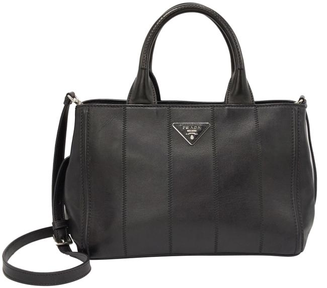 Prada Calf Skin Satchel Tote Black Leather Cross Body Bag