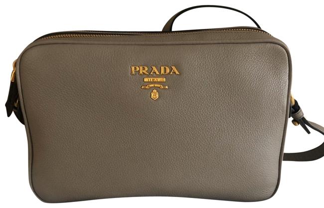 Prada Camera Double Zipped TaupeGrayish Leather Cross Body Bag
