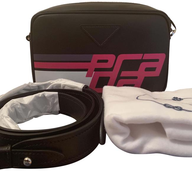 Prada Camera Logo Print Black Fuchsia Leather Cross Body Bag
