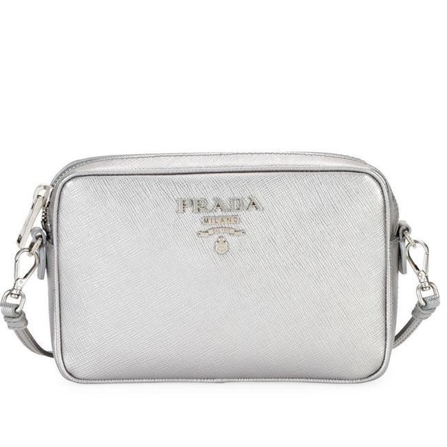 Prada Camera Silver Saffiano Leather Cross Body Bag