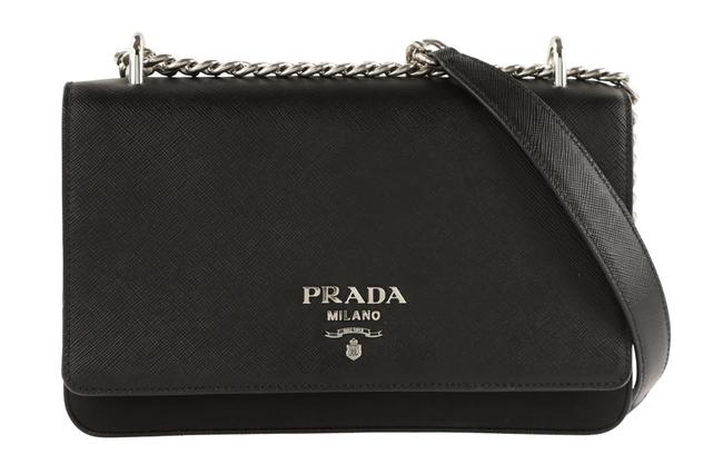 Prada Chain Black Leather and Nylon Tessuto and Saffiano Cross Body Bag