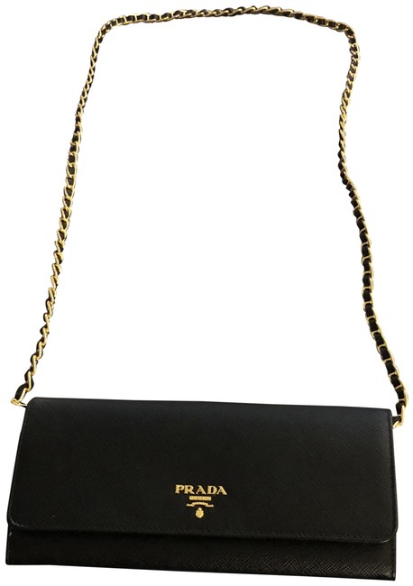 Prada Chain Wallet Black Vitello Saffiano Leather Cross Body Bag