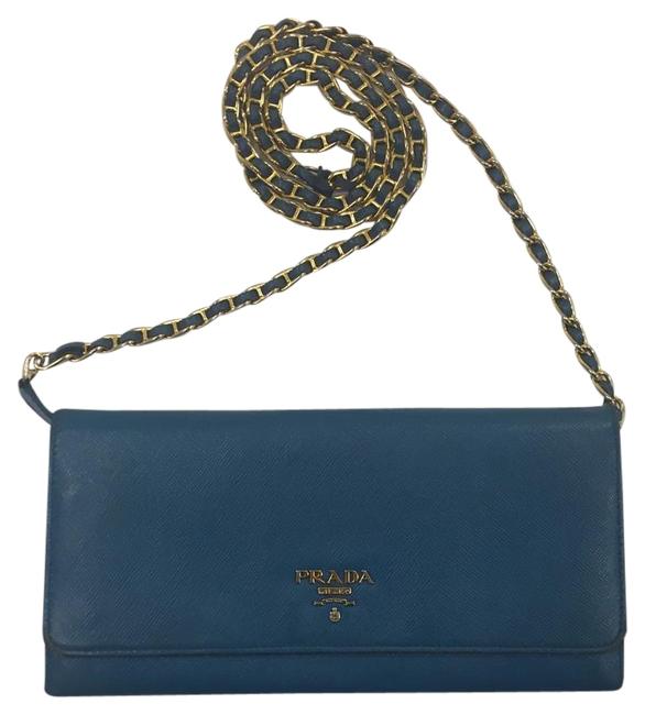 Prada Chain Wallet Cobalto Blue Saffiano Leather Cross Body Bag