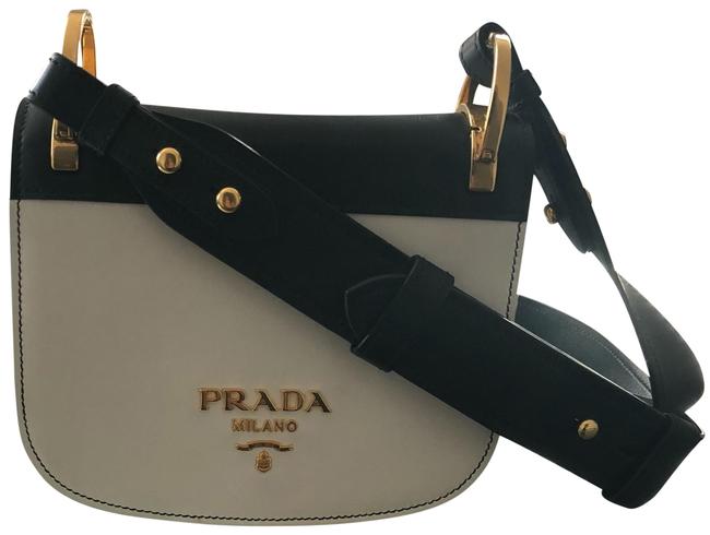 Prada City Calf Pionniere Saddle Black and White Cross Body Bag