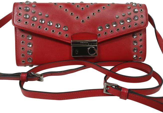 Prada Clutch Studded Wallet Red Leather Cross Body Bag