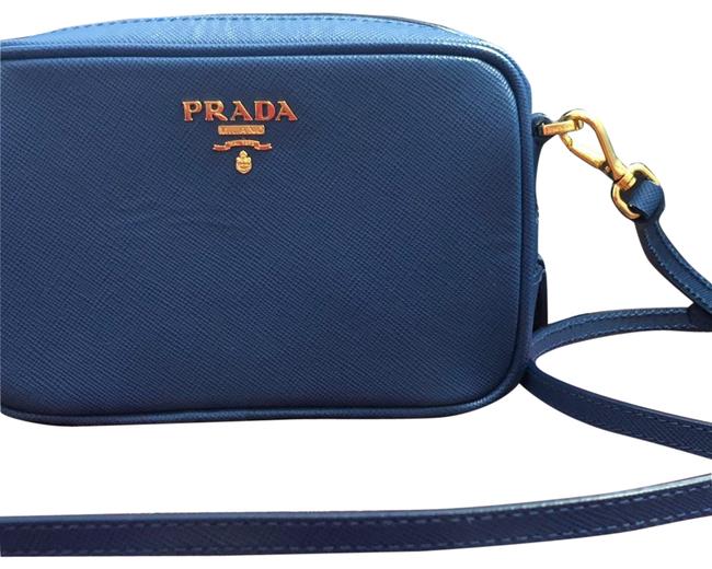 Prada Camera Contenitore Tracolla Azzuro Saffiano Leather Cross Body Bag