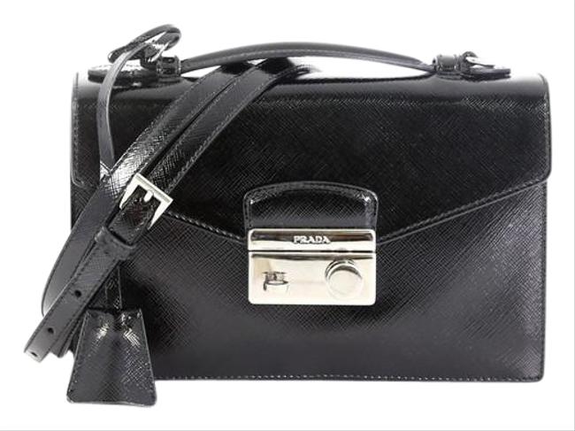 Prada Convertible Sound Vernice Saffiano Small Black Leather Cross Body Bag