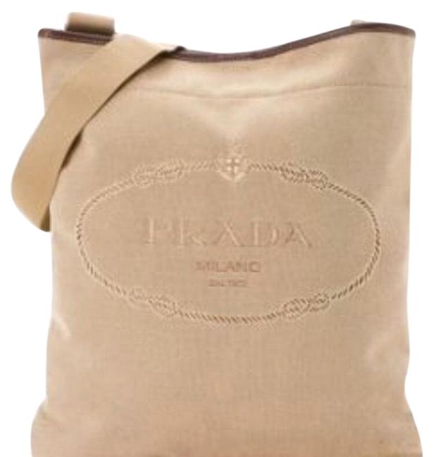 Prada Cordo Logo Jacquard Brown Leather Beige Canvas Cross Body Bag