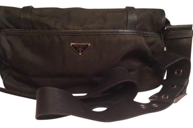Prada Dark Green W Black Leather Nylon and Cross Body Bag