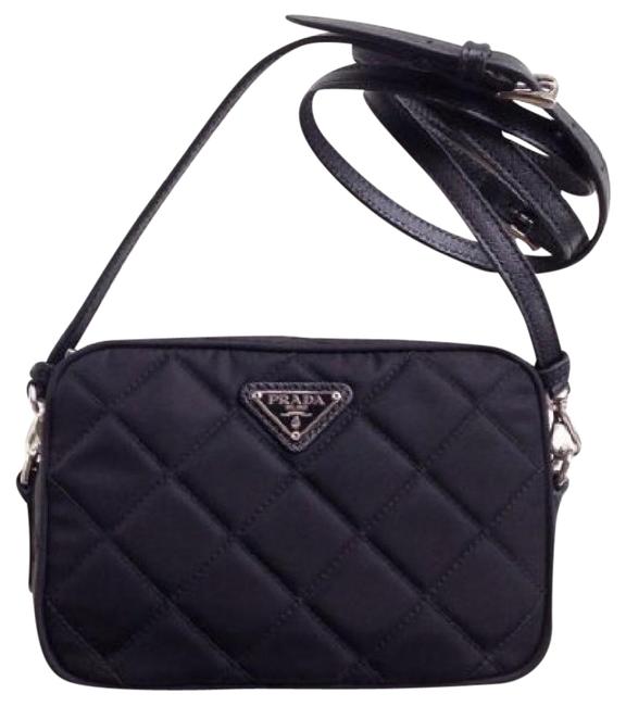 Prada Deep Navy Blue Almost Black Tessuto  Saffiano Cross Body Bag