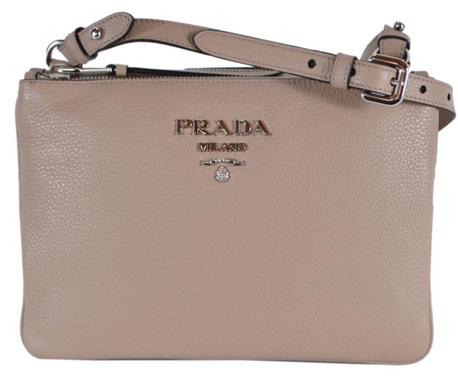 Prada Double New Vitello Bandoliera Zip Beige Leather Cross Body Bag