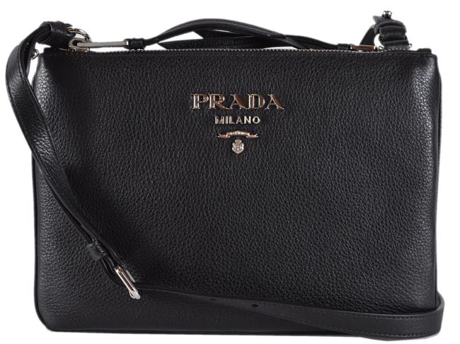 Prada Double New Vitello Bandoliera Zip Black Leather Cross Body Bag