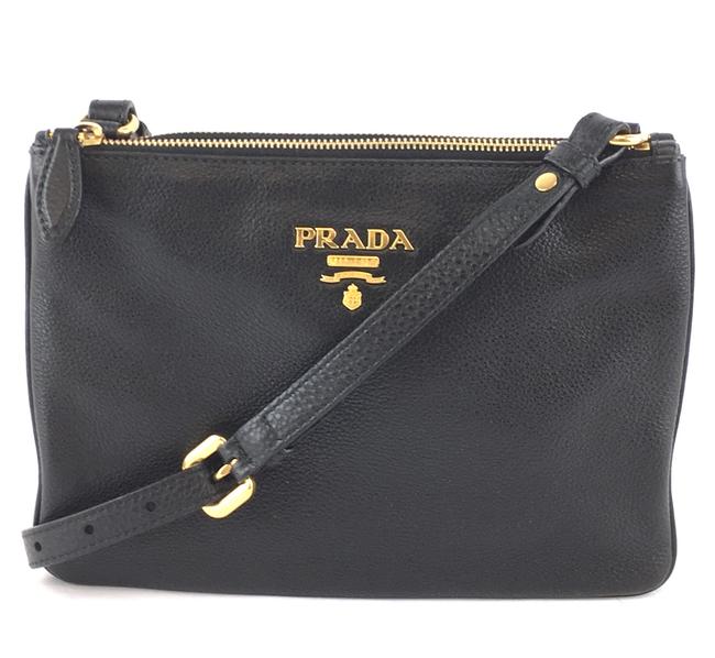 Prada Double Phenix #34908 Vitello Zip Black Leather Cross Body Bag