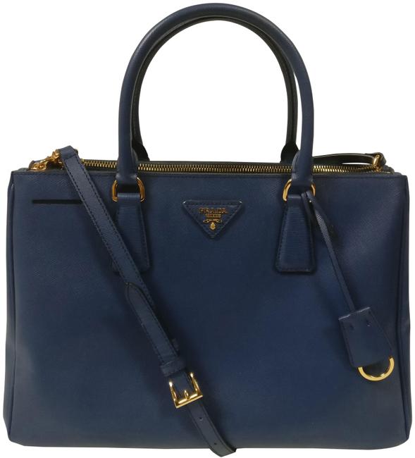 Prada Double Saffiano Zip Tote Blue Leather Cross Body Bag