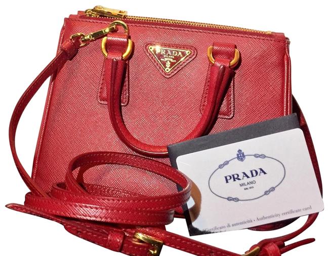 Prada Tote Double Lux Staffiano Mini Zip Tote Red Calfskin Leather Cross Body Bag