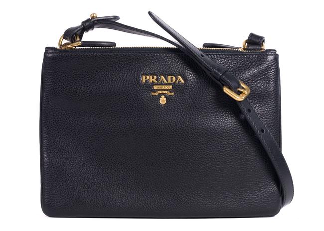 Prada Double Womens Grained Compartment Black Leather Cross Body Bag