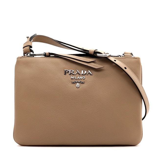 Prada Messenger Double Zip Beige Leather Cross Body Bag